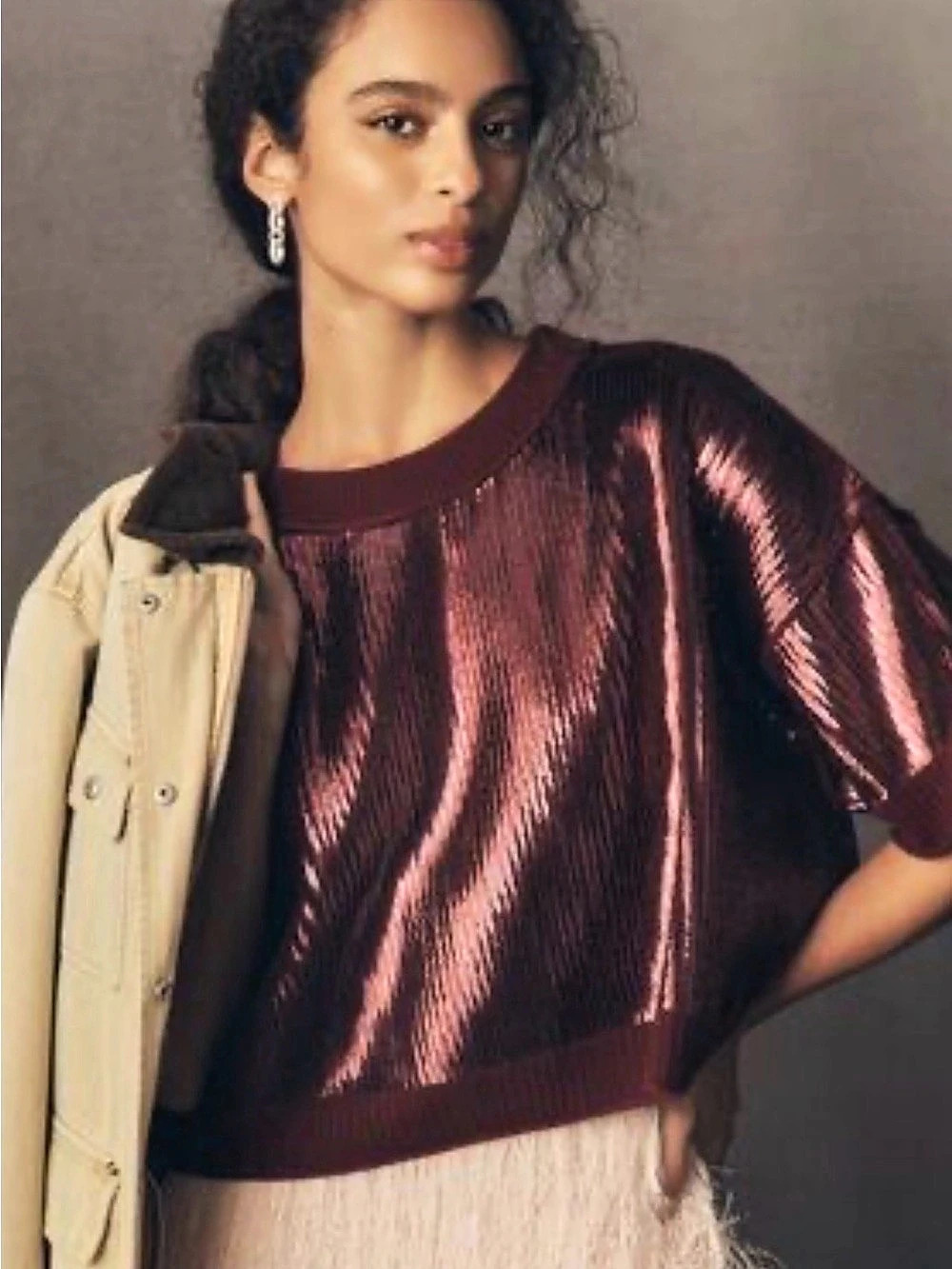 Anthropologie Metallic sequin Knit Crewneck Sweater in Burgundy Size Medium NWT
